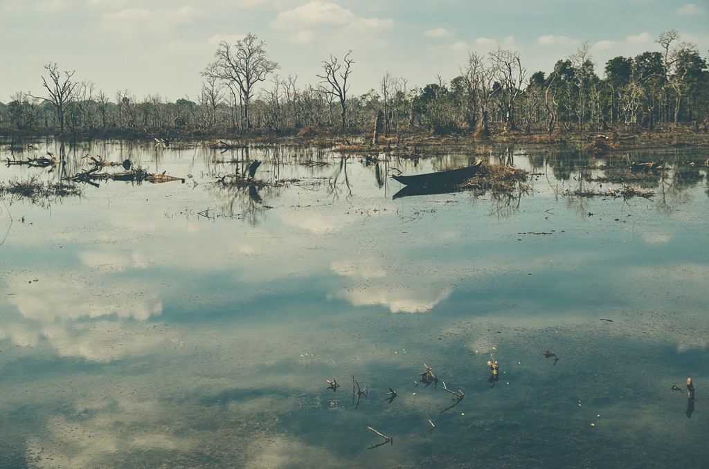 Một hồ nước trên cây cầu dẫn vào đền.
